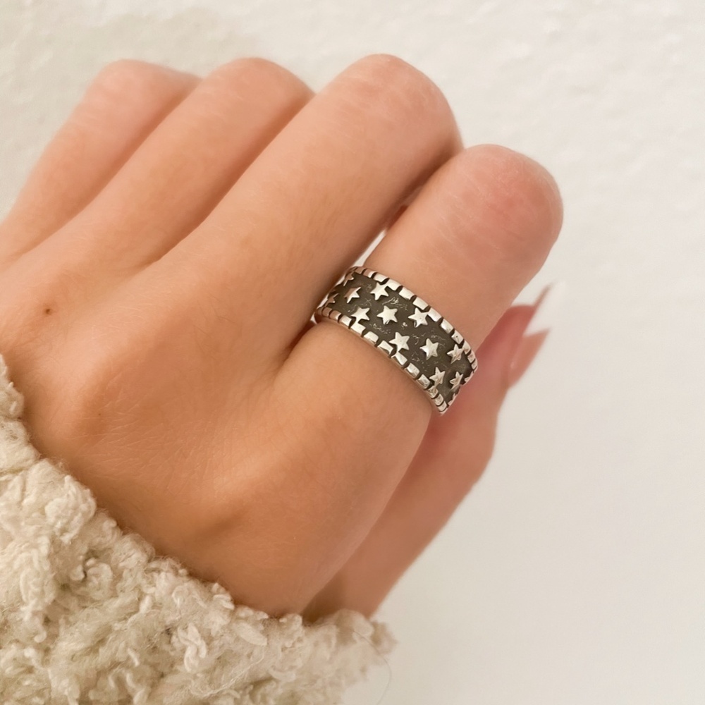 925 Sterling Silver Star Ring Band Black & Silver Star Ring Celestial Ring